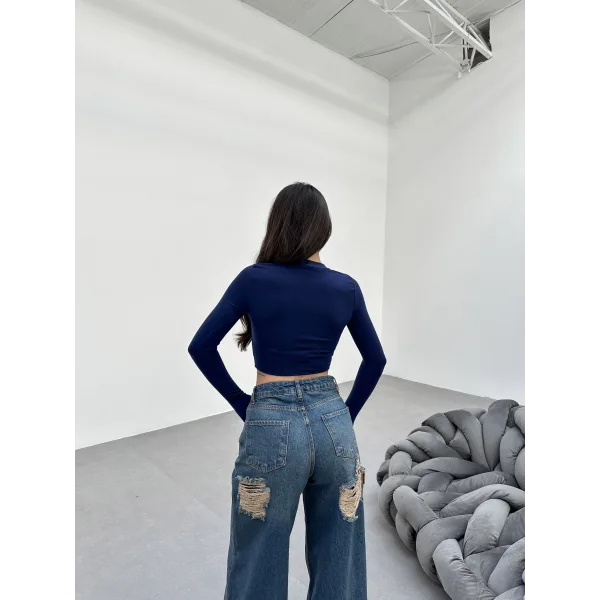 FESTA LACİVERT UZUN KOLLU CROP BLUZ