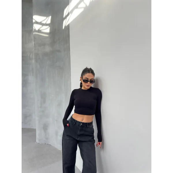 FESTA SİYAH UZUN KOLLU CROP BLUZ