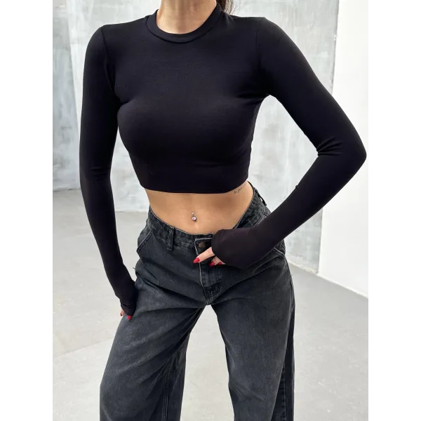 FESTA SİYAH UZUN KOLLU CROP BLUZ