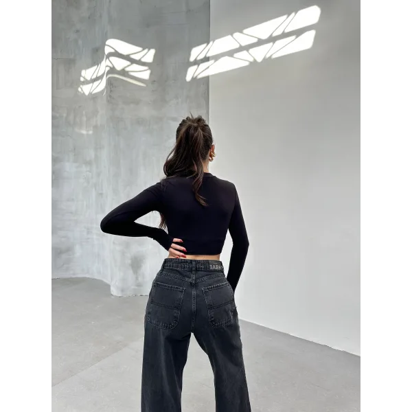 FESTA SİYAH UZUN KOLLU CROP BLUZ