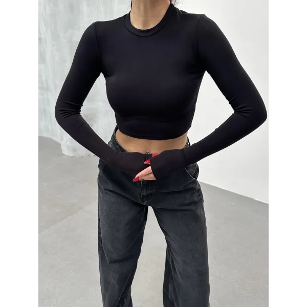 FESTA SİYAH UZUN KOLLU CROP BLUZ