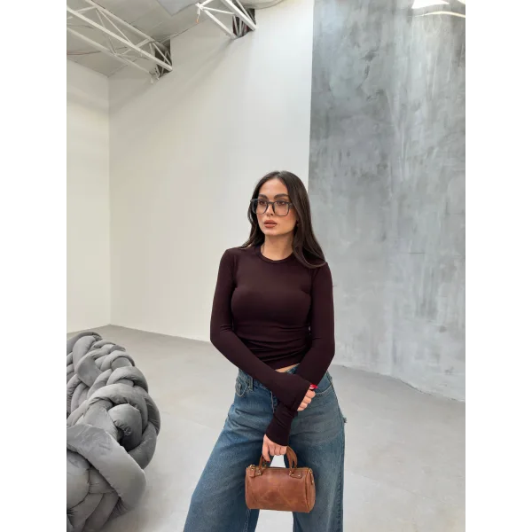 VERİTE KAHVERENGİ PAMUKLU UZUN KOLLU BLUZ