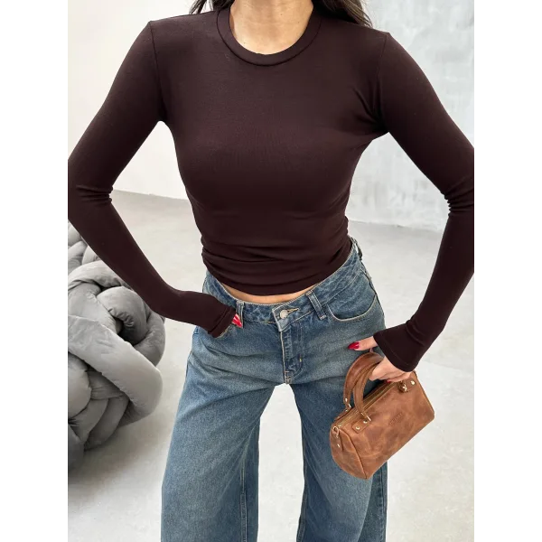 VERİTE KAHVERENGİ PAMUKLU UZUN KOLLU BLUZ