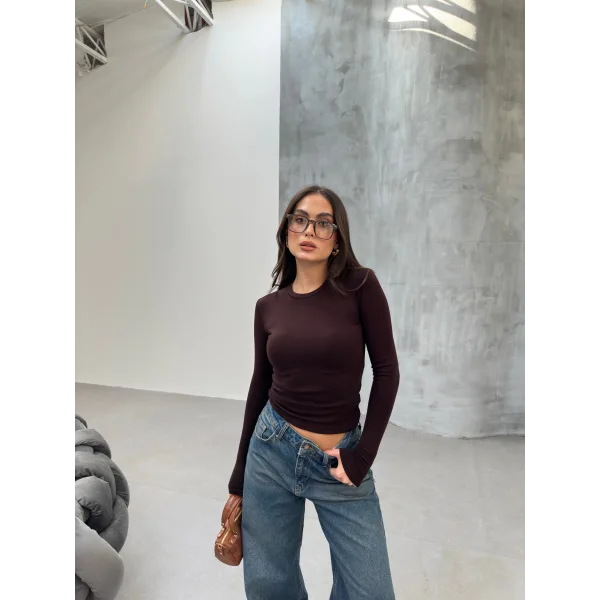 VERİTE KAHVERENGİ PAMUKLU UZUN KOLLU BLUZ