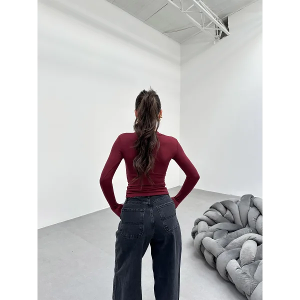 VERİTE BORDO PAMUKLU UZUN KOLLU BLUZ