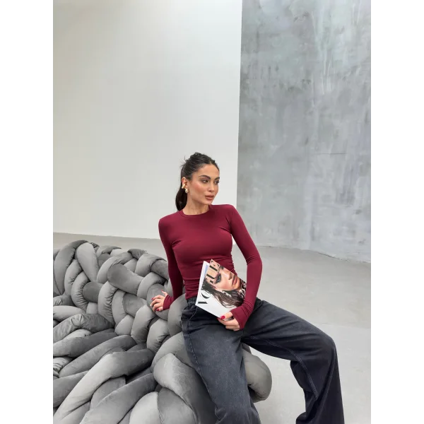 VERİTE BORDO PAMUKLU UZUN KOLLU BLUZ