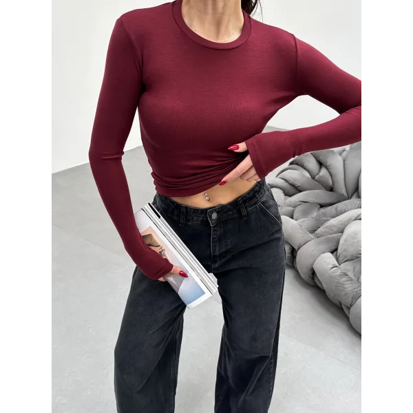 VERİTE BORDO PAMUKLU UZUN KOLLU BLUZ