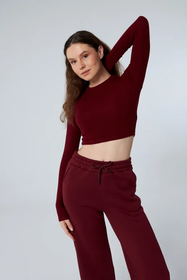 MUSE BORDO UZUN KOLLU PAMUKLU CROP BLUZ