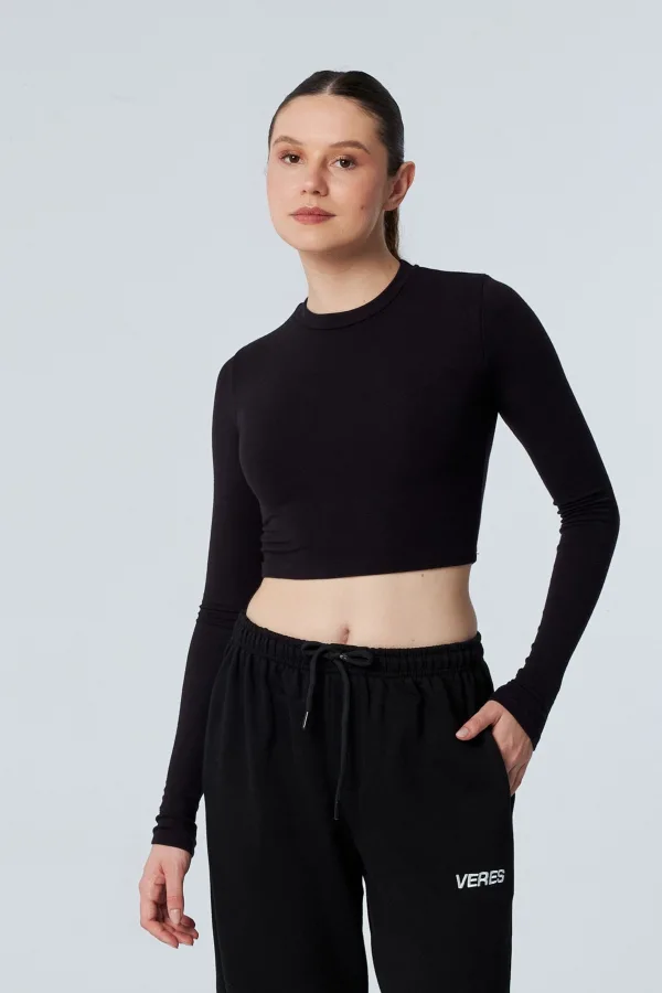 MUSE SİYAH UZUN KOLLU PAMUKLU CROP BLUZ