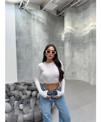 FESTA BEYAZ UZUN KOLLU CROP BLUZ