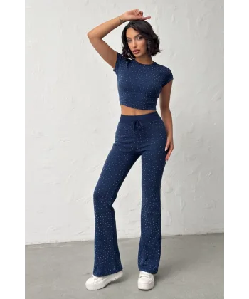 ELORA LACİVERT TAŞLI CROP T-SHIRT VE İSPANYOL PAÇA TAYT ALT ÜST TAKIM