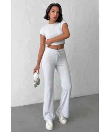 ELORA GRİ TAŞLI CROP T-SHIRT VE İSPANYOL PAÇA TAYT ALT ÜST TAKIM