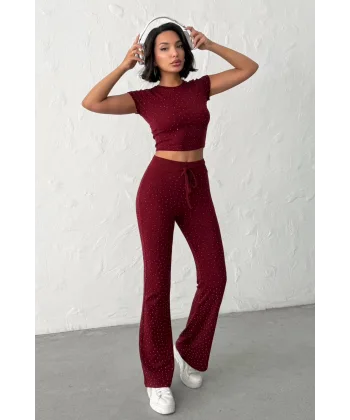 ELORA BORDO TAŞLI CROP T-SHIRT VE İSPANYOL PAÇA TAYT ALT ÜST TAKIM