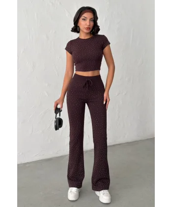 ELORA KAHVERENGİ TAŞLI CROP T-SHIRT VE İSPANYOL PAÇA TAYT ALT ÜST TAKIM