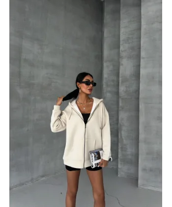 ALEGRA BEJ 3 İPLİK KAPÜŞONLU POLARLI HIRKA