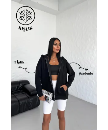 ALEGRA SİYAH 3 İPLİK KAPÜŞONLU POLARLI HIRKA