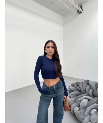 FESTA LACİVERT UZUN KOLLU CROP BLUZ