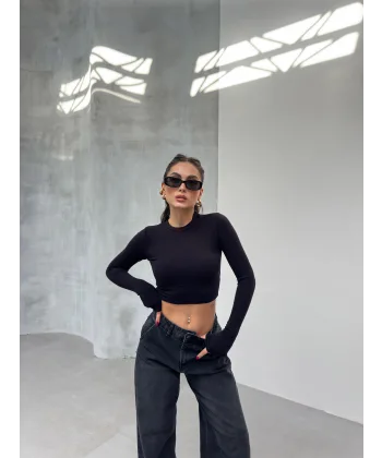 FESTA SİYAH UZUN KOLLU CROP BLUZ