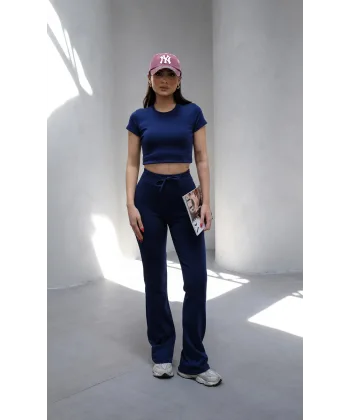 NOVA LACİVERT Y2K CROP TİŞÖRT VE İSPANYOL PAÇA TAYT TAKIM