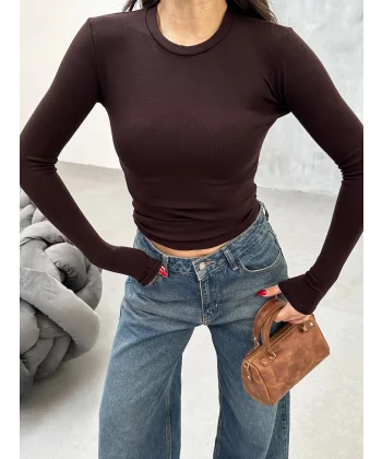 VERİTE KAHVERENGİ PAMUKLU UZUN KOLLU BLUZ