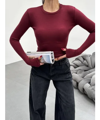 VERİTE BORDO PAMUKLU UZUN KOLLU BLUZ