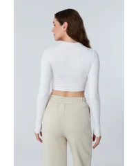 MUSE BEYAZ UZUN KOLLU PAMUKLU CROP BLUZ