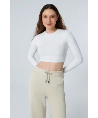 MUSE BEYAZ UZUN KOLLU PAMUKLU CROP BLUZ