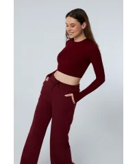 MUSE BORDO UZUN KOLLU PAMUKLU CROP BLUZ