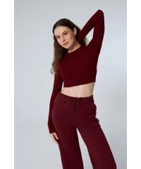 MUSE BORDO UZUN KOLLU PAMUKLU CROP BLUZ