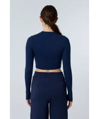 MUSE LACİVERT UZUN KOLLU PAMUKLU CROP BLUZ