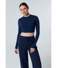 MUSE LACİVERT UZUN KOLLU PAMUKLU CROP BLUZ