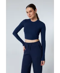 MUSE LACİVERT UZUN KOLLU PAMUKLU CROP BLUZ