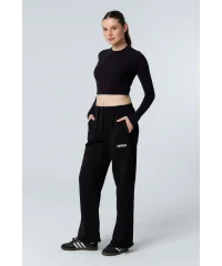 MUSE SİYAH UZUN KOLLU PAMUKLU CROP BLUZ
