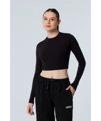 MUSE SİYAH UZUN KOLLU PAMUKLU CROP BLUZ
