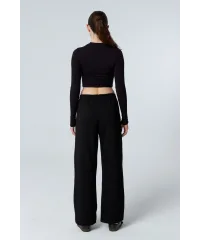 MUSE SİYAH UZUN KOLLU PAMUKLU CROP BLUZ