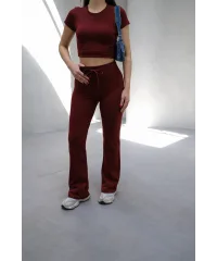 MİLA BORDO Y2K CROP TİŞÖRT VE İSPANYOL PAÇA TAYT TAKIM