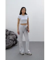 MİLA AÇIK GRİ Y2K CROP TİŞÖRT VE İSPANYOL PAÇA TAYT TAKIM