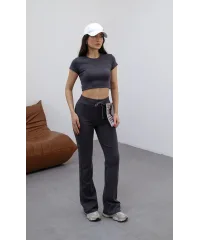 MİLA ANTRASİT Y2K CROP TİŞÖRT VE İSPANYOL PAÇA TAYT TAKIM