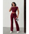 ELORA BORDO TAŞLI CROP T-SHIRT VE İSPANYOL PAÇA TAYT ALT ÜST TAKIM