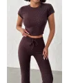 ELORA KAHVERENGİ TAŞLI CROP T-SHIRT VE İSPANYOL PAÇA TAYT ALT ÜST TAKIM