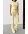 MİLA SARI Y2K CROP TİŞÖRT VE İSPANYOL PAÇA TAYT TAKIM