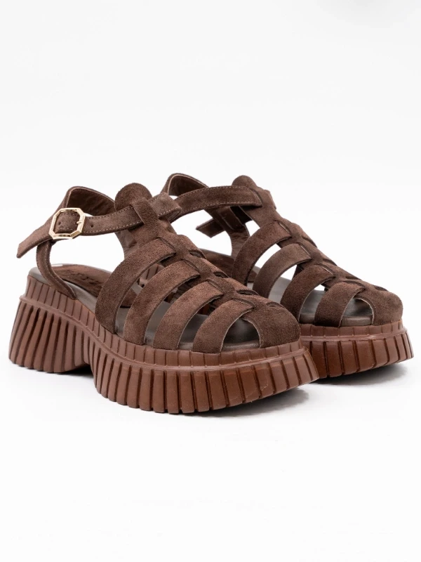 KALIN TOPUKLU DERİ SANDALET KAHVE