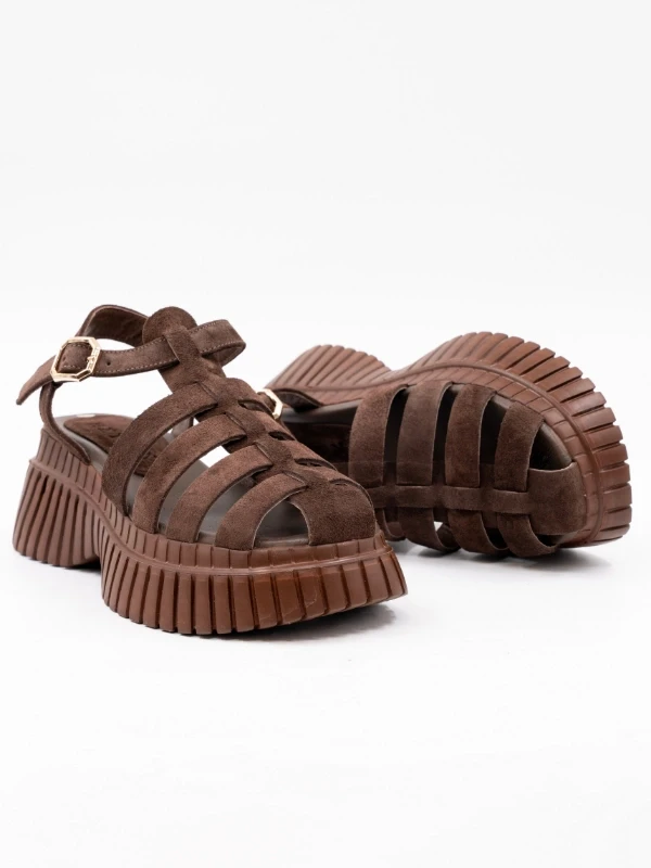 KALIN TOPUKLU DERİ SANDALET KAHVE