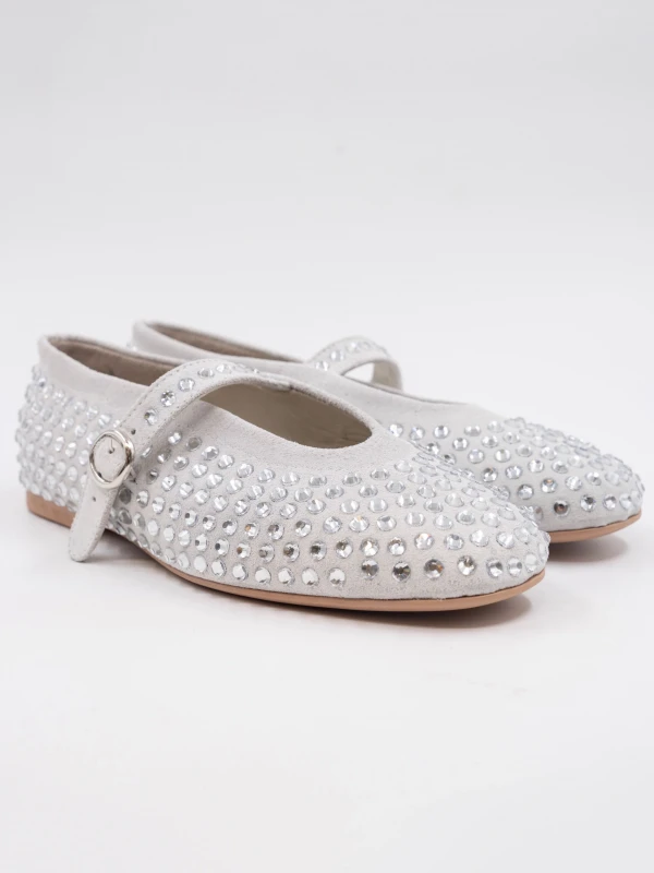 Süet Deri Taşlı Babet BEYAZ