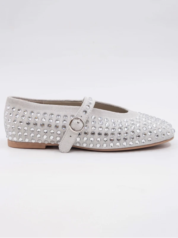 Süet Deri Taşlı Babet BEYAZ