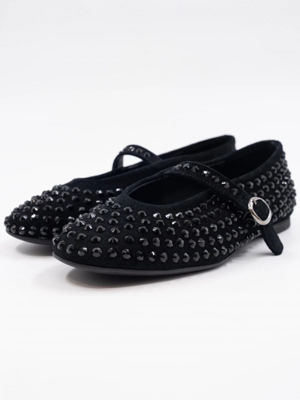 Süet Deri Taşlı Babet SİYAH