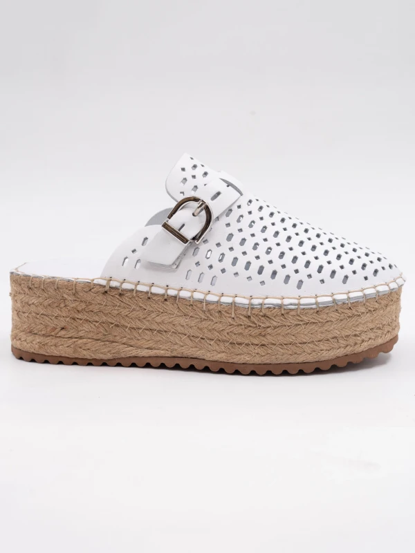 Hasır Kalın Taban Deri Terlik BEYAZ