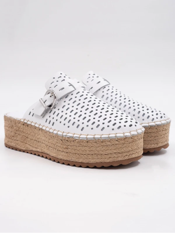 Hasır Kalın Taban Deri Terlik BEYAZ