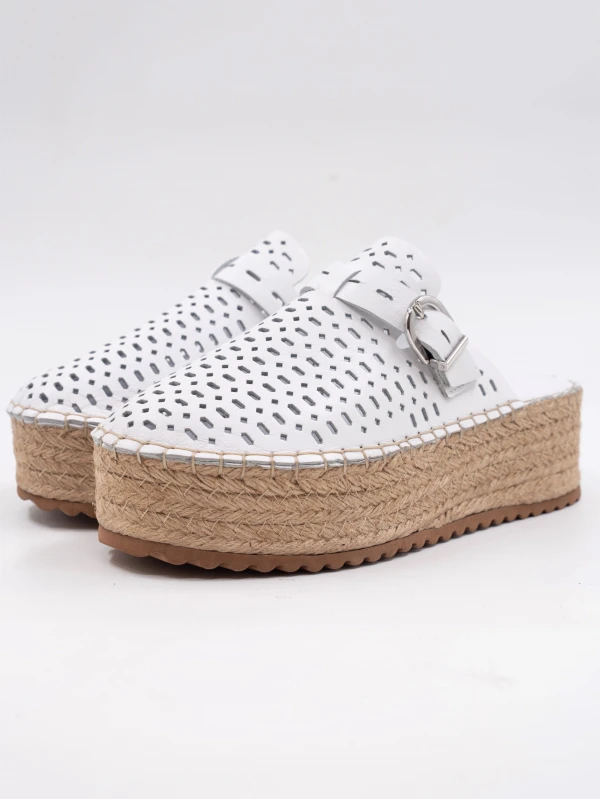Hasır Kalın Taban Deri Terlik BEYAZ