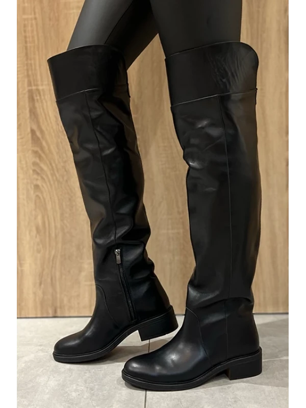 AHŞAP TABAN DETAYLI  UZUN ÇİZME SİYAH